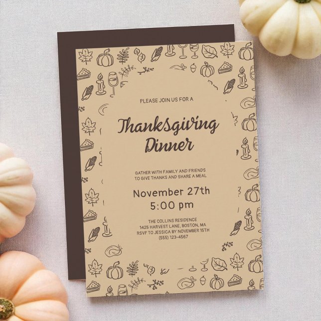 Modern Brown Whimsical Hand Drawn Thanksgiving Invitation (Modern Brown Pumpkin Leaves Thanksgiving Dinner Invitation)