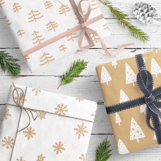 Modern Brown & White Christmas Trees Snowflakes Wrapping Paper Sheets (Creator Uploaded)