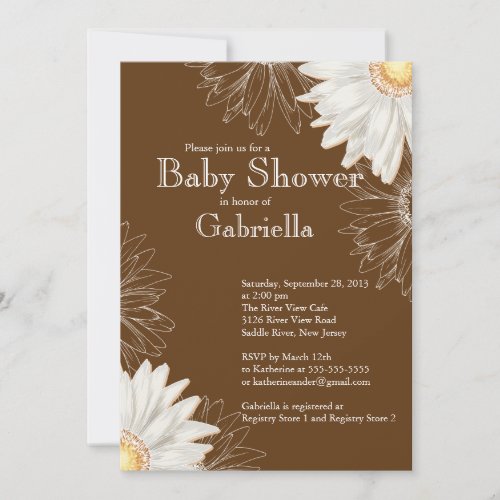 Modern Brown &amp; White Gerbera Daisy Baby Shower Invite