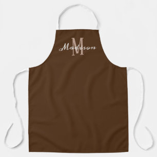 Modern Brown White Script Monogram Name Womens Apron