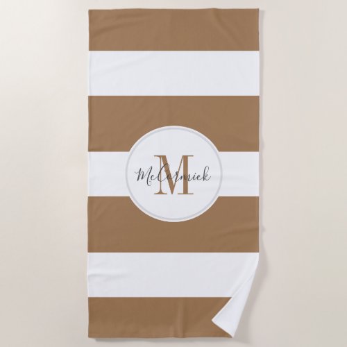 Modern Brown White Stripes Chic Script Monogram Beach Towel