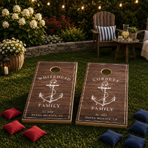 Modern Brown Wood Anchor Monogram Cornhole Set