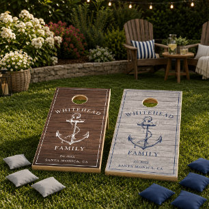 Modern Brown Wood Anchor Monogram Navy Cornhole Set