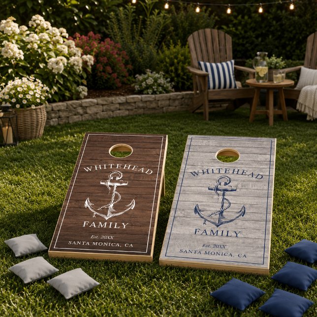 Modern Brown Wood Anchor Monogram Navy Cornhole Set (Bring a touch of warm, modern farmhouse charm to your backyard gatherings with this cornhole set.)