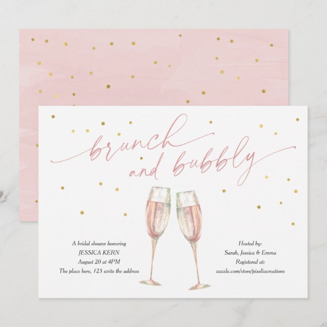Modern brunch and bubbly, champagne bridal shower  invitation (Front/Back)