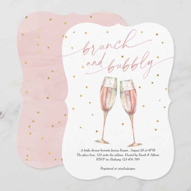 Modern brunch and bubbly, champagne bridal shower  invitation (Front/Back)