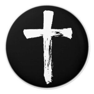 Modern Brush Cross - Christian White Crucifix  Ceramic Knob