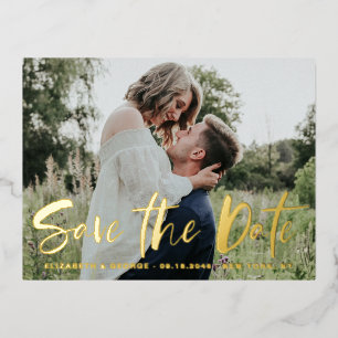 Modern Brush Hand Lettered Photo Save The Date Foil Invitation Postcard