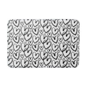 Modern Brush Heart Black White Pattern Bath Mat