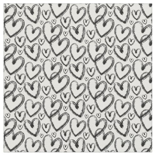 Modern Brush Heart Black White Pattern Fabric
