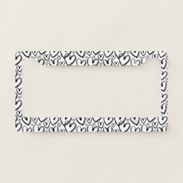 Modern Brush Heart Black White Pattern License Plate Frame (Front)