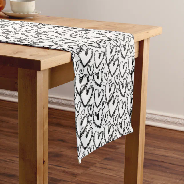 Modern Brush Heart Black White Pattern Short Table Runner | Zazzle