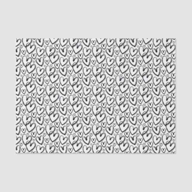 Modern Brush Heart Black White Pattern Tissue Paper (Front)