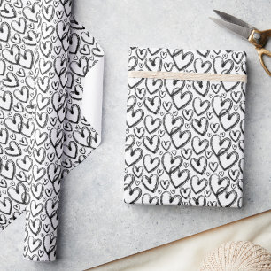Modern Brush Heart Black White Pattern Wrapping Paper