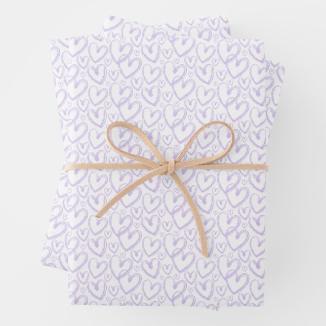 Modern Brush Heart Lavender Purple Pattern Wrapping Paper Sheets (In situ)