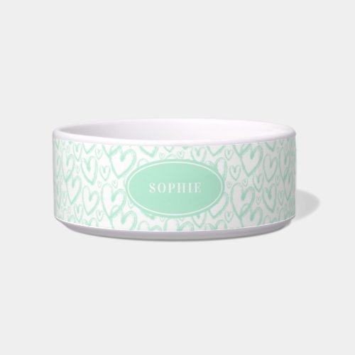 Modern Brush Heart Mint Green Personalized Pet Bowl