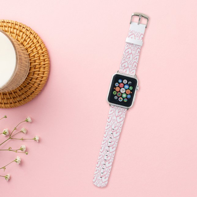 Modern Brush Heart Pink White Pattern Apple Watch Band (Creator Uploaded)