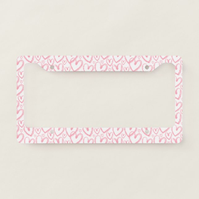 Modern Brush Heart Pink White Pattern License Plate Frame (Front)