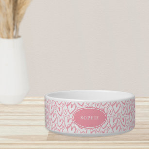 Modern Brush Heart Pink White Personalized Pet Bowl