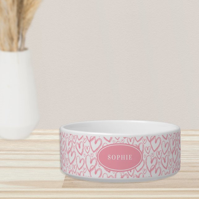 Modern Brush Heart Pink White Personalized Pet Bowl (Creator Uploaded)