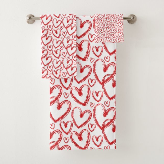 Modern Brush Heart Red White Pattern Bath Towel Set (Insitu)