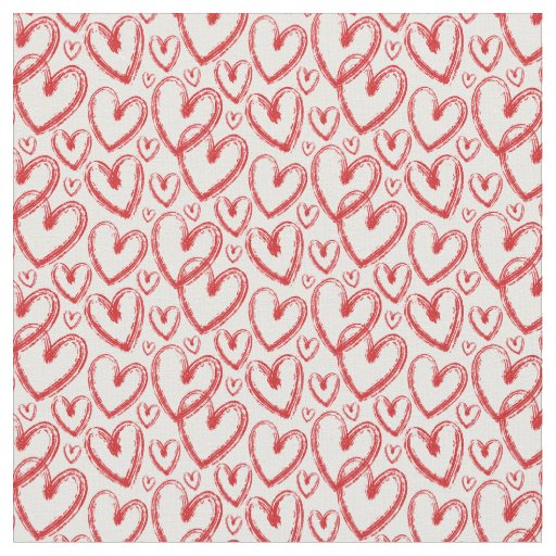 Modern Brush Heart Red White Pattern Fabric