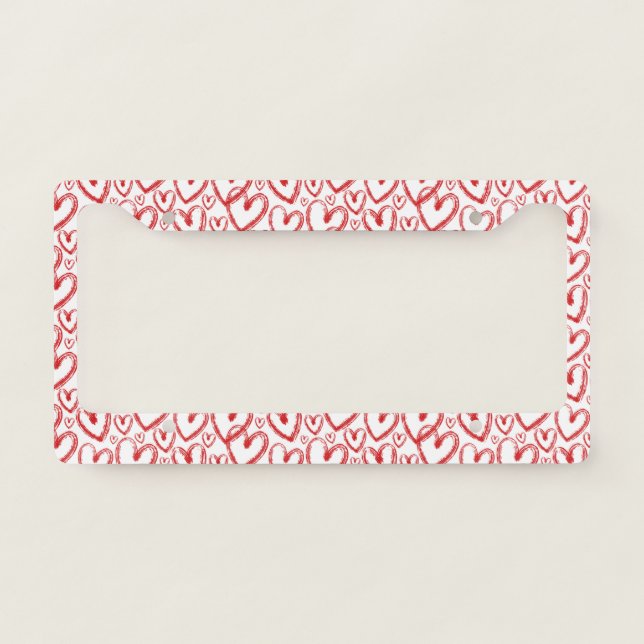 Modern Brush Heart Red White Pattern License Plate Frame (Front)