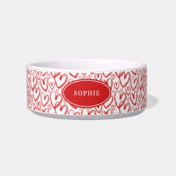 Modern Brush Heart Red White Personalized Pet Bowl