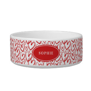 Modern Brush Heart Red White Personalized Pet Bowl