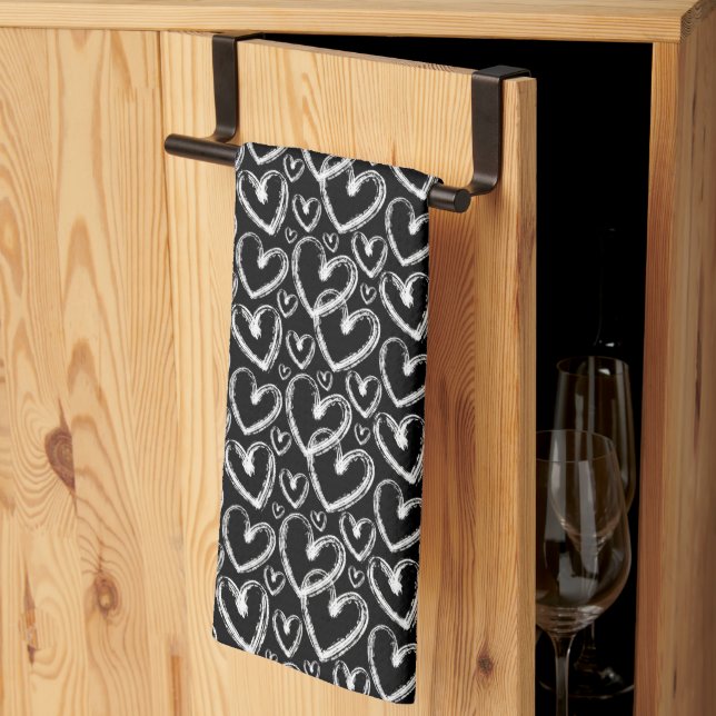 Modern Brush Heart White Black Pattern Kitchen Towel (Thirds Fold)