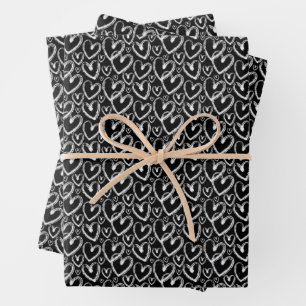 Modern Brush Heart White Black Pattern Wrapping Paper Sheets
