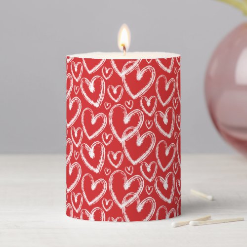 Modern Brush Heart White Red Pattern Pillar Candle