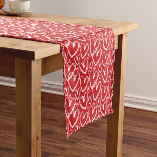 Modern Brush Heart White Red Pattern Short Table Runner (In Situ)