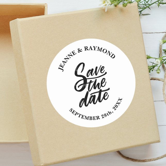 Modern Brush Lettered Custom Wedding Save the Date Classic Round Sticker (Creator Uploaded)