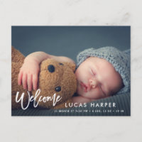 Modern Brush lettering baby birth announcement Postcard