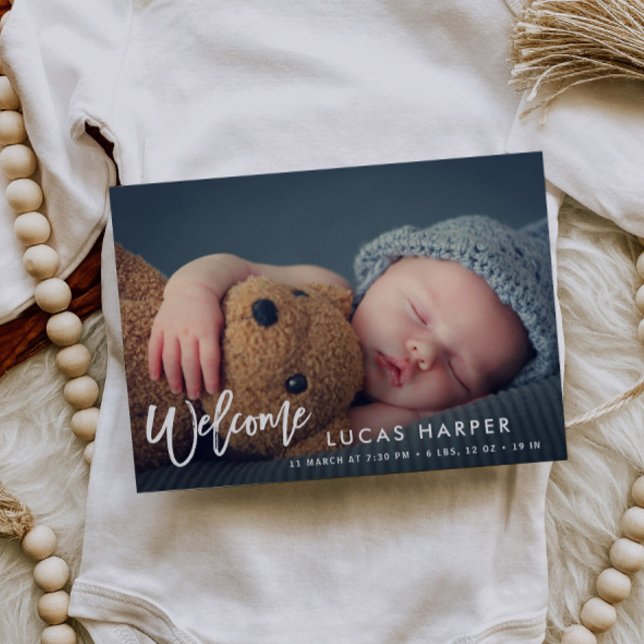 Modern Brush lettering baby birth announcement Postcard (Creator Uploaded)