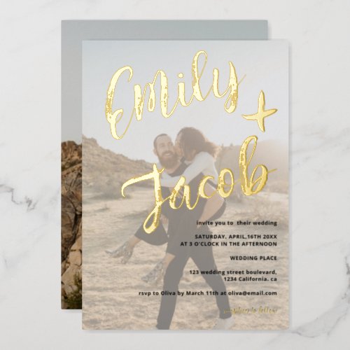 Modern brush names script white photos wedding foil invitation