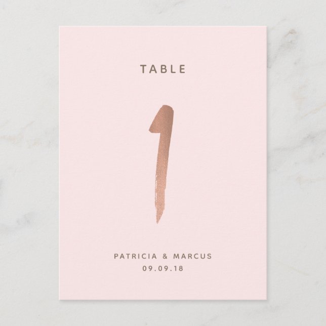 Modern Brush Rose Gold Wedding Table number 1 (Front)