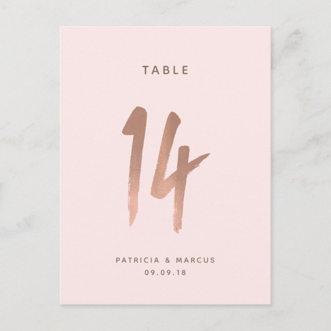 Modern Brush Rose Gold Wedding Table number 14 (Front)