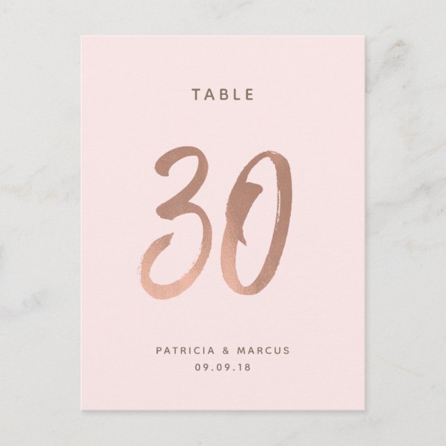 Modern Brush Rose Gold Wedding Table number 30 (Front)