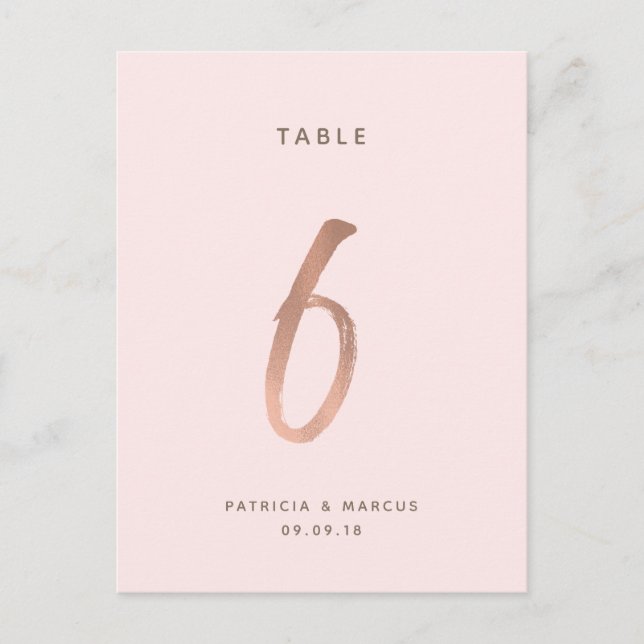 Modern Brush Rose Gold Wedding Table number 6 (Front)