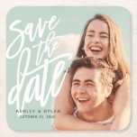 Modern Brush Save the Date Announcement Square Paper Coaster<br><div class="desc">Let's save the date! You're engaged now let your friends and families know your upcoming wedding date with this modern and elegant brush scripted photo card that features stylish typography for a modern save the date announcement. Email us at hello@christiekelly.com for free assistance with personalization!</div>