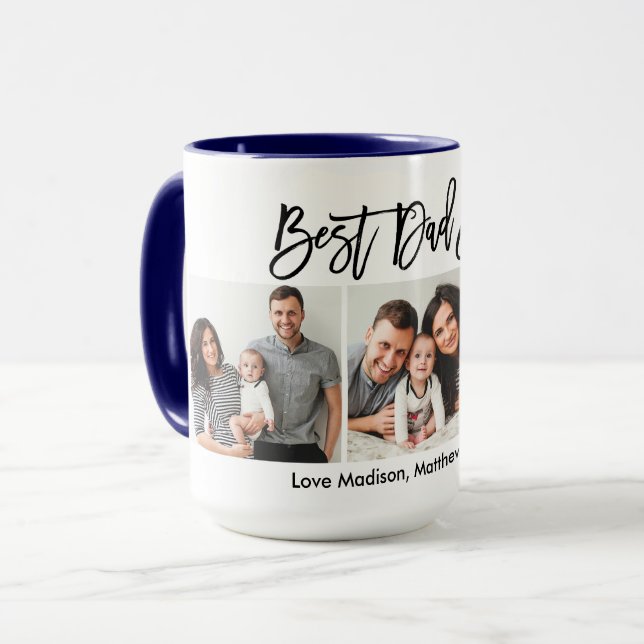 Modern Brush Script 3 Photo Best Dad Ever Blue Mug (Front Left)