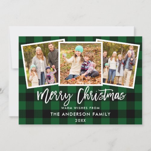 Modern Brush Script 3 Photo Christmas Green Plaid Holiday Card