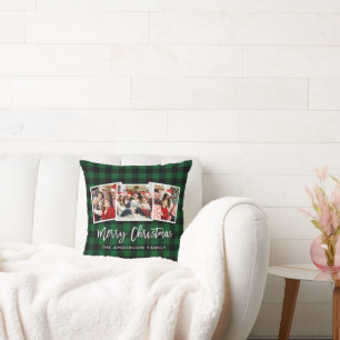 Modern Brush Script 3 Photo Christmas Green Plaid Throw Pillow