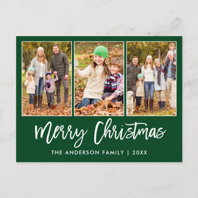 Modern Brush Script 3 Photo Christmas Green Postcard (Front)