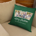 Modern Brush Script 3 Photo Christmas Green Throw Pillow<br><div class="desc">Modern Brush Script 3 Photo Christmas Green Pillow</div>