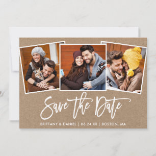 Modern Brush Script 3 Photo Collage Kraft Save The Date
