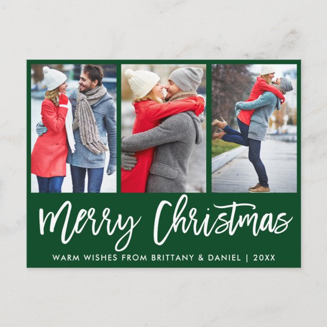 Modern Brush Script 3 Photo Couple Christmas Green Postcard (Front)