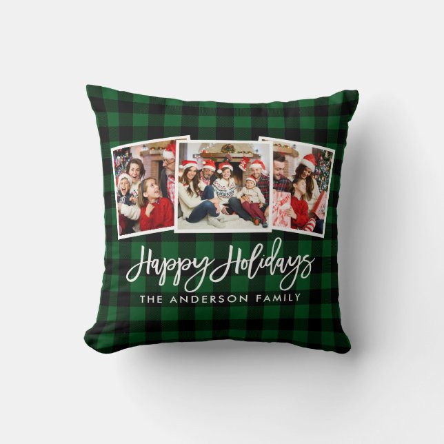 Modern Brush Script 3 Photo Holidays Green Plaid Throw Pillow (Front)